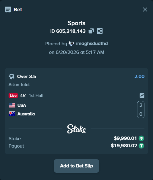 Bet slip: USA - Australia, $10,000.00 stake at 2.00 odds, placed by rmaghsdudthd