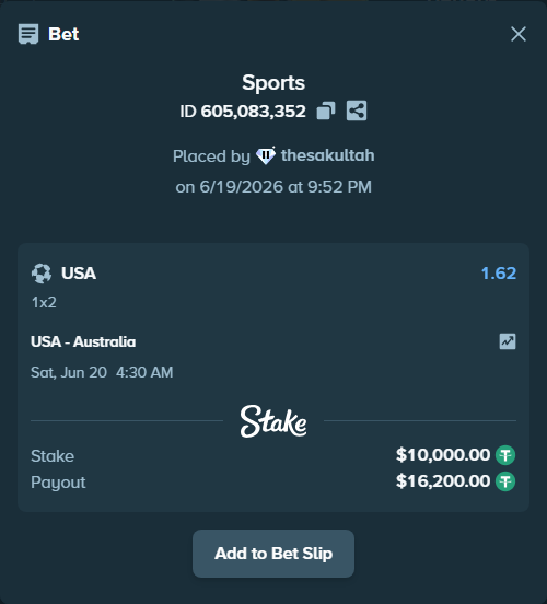 Bet slip: USA - Australia, $10,010.00 stake at 1.62 odds, placed by thesakultah