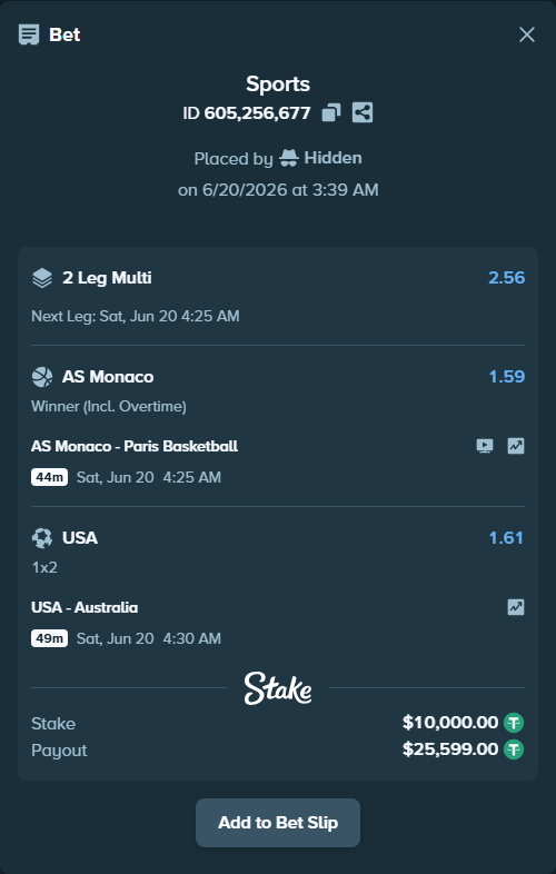 Bet slip: USA - Australia, $10,010.00 stake at 1.61 odds, placed by Hidden