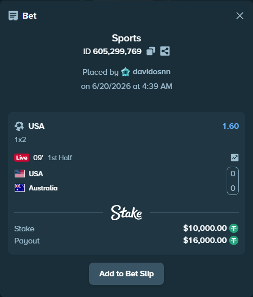 Bet slip: USA - Australia, $10,010.00 stake at 1.60 odds, placed by davidosnn