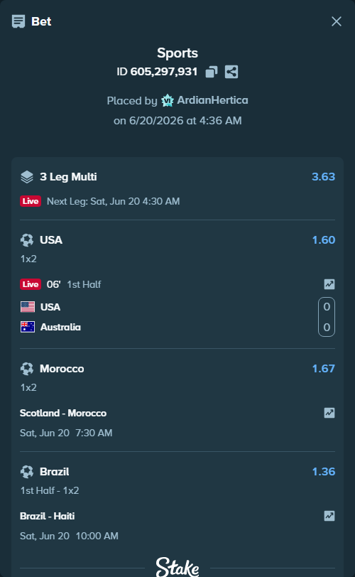 Bet slip: USA - Australia, $12,014.00 stake at 1.60 odds, placed by ArdianHertica