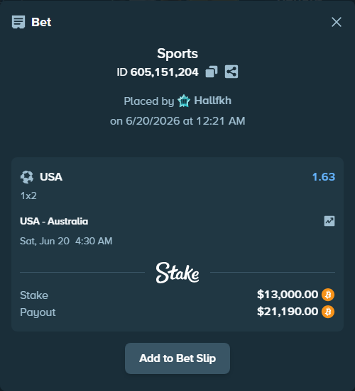 Bet slip: USA - Australia, $13,212.15 stake at 1.63 odds, placed by Hallfkh