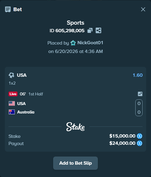 Bet slip: USA - Australia, $15,000.00 stake at 1.60 odds, placed by NickGoat01