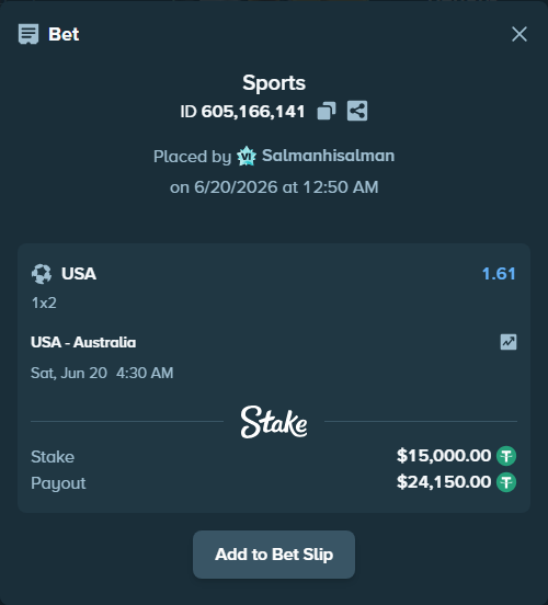 Bet slip: USA - Australia, $15,015.00 stake at 1.61 odds, placed by Salmanhisalman