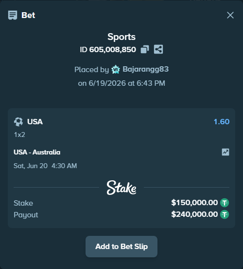 Bet slip: USA - Australia, $150,150.00 stake at 1.60 odds, placed by Bajarangg83