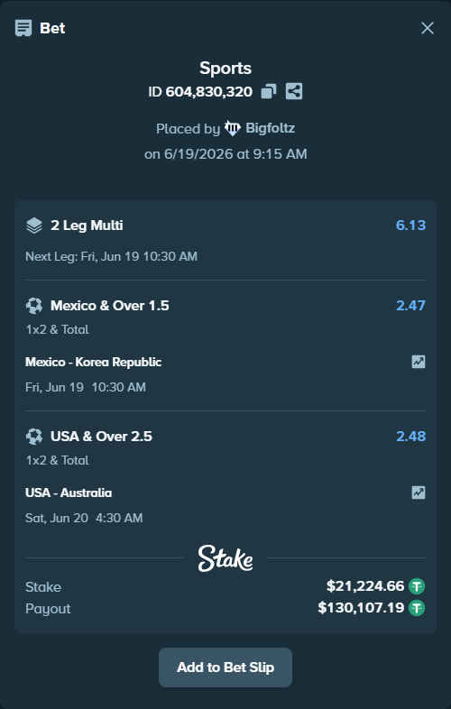 Bet slip: USA - Australia, $21,245.89 stake at 2.48 odds, placed by Bigfoltz
