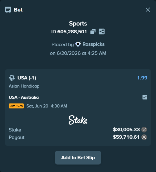 Bet slip: USA - Australia, $28,065.17 stake at 1.99 odds, placed by Rosspicks