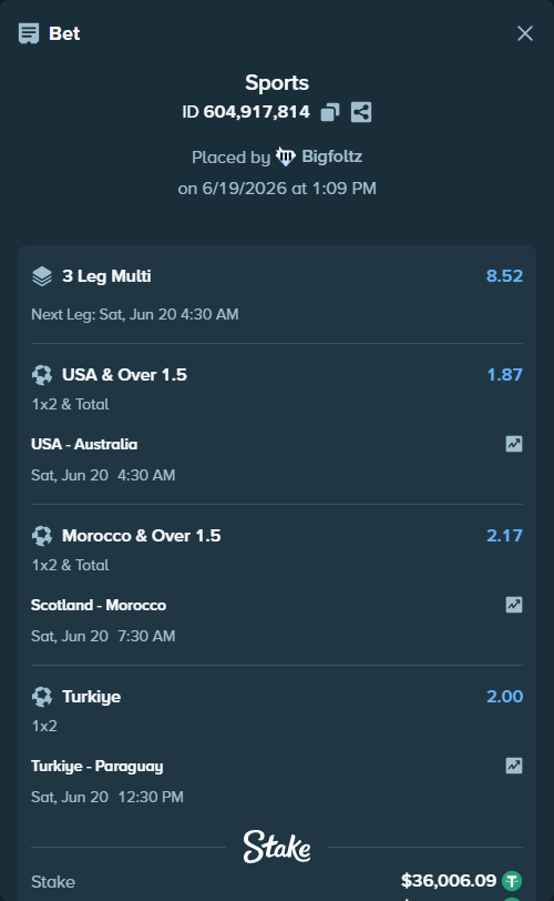 Bet slip: USA - Australia, $36,042.09 stake at 1.87 odds, placed by Bigfoltz