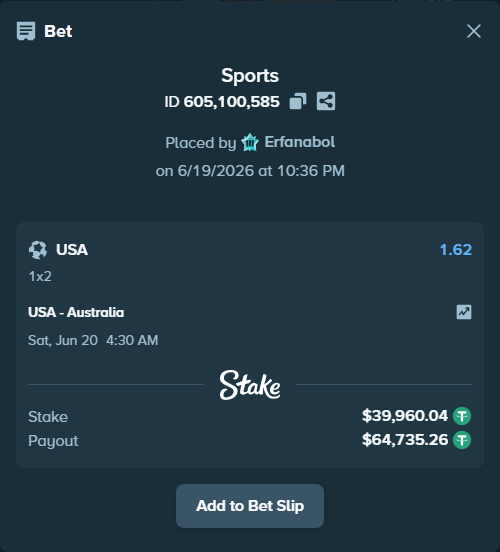 Bet slip: USA - Australia, $40,000.00 stake at 1.62 odds, placed by Erfanabol