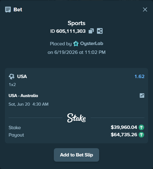 Bet slip: USA - Australia, $40,000.00 stake at 1.62 odds, placed by OysterLab