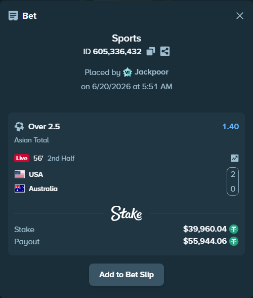Bet slip: USA - Australia, $40,000.00 stake at 1.40 odds, placed by Jackpoor