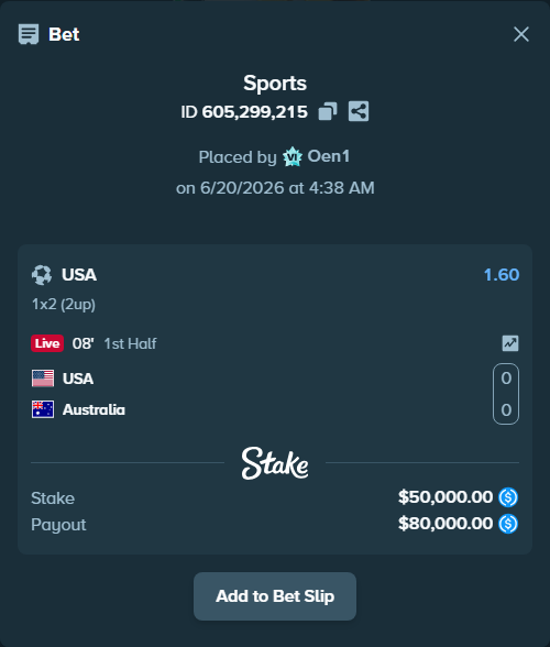 Bet slip: USA - Australia, $50,000.00 stake at 1.60 odds, placed by Oen1