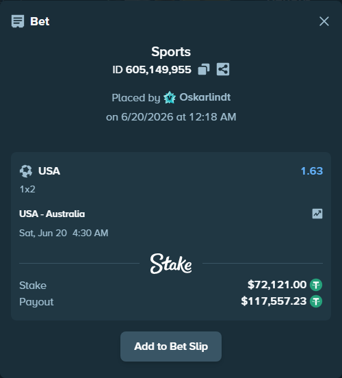Bet slip: USA - Australia, $72,193.12 stake at 1.63 odds, placed by Oskarlindt