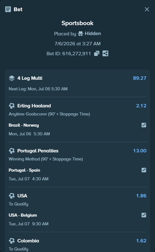 Bet slip: USA - Belgium, $10,000.00 stake at 1.86 odds, placed by Hidden
