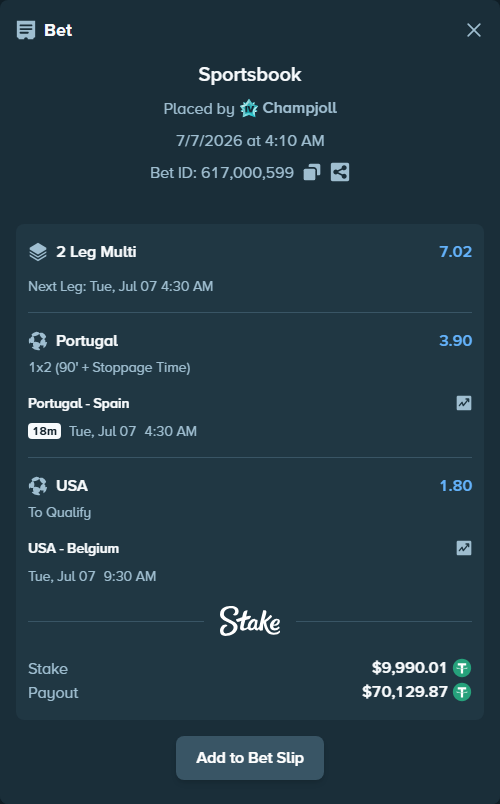Bet slip: USA - Belgium, $10,000.00 stake at 1.80 odds, placed by Champjoll