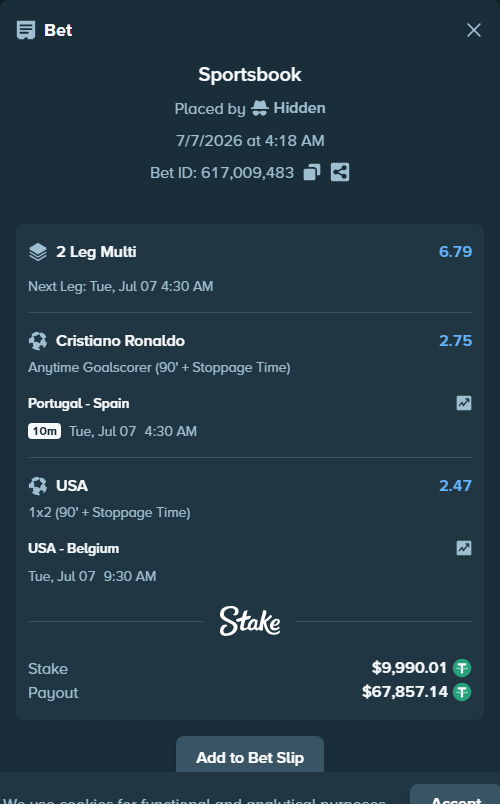 Bet slip: USA - Belgium, $10,000.00 stake at 2.47 odds, placed by Champjoll
