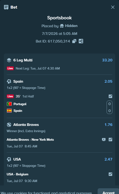 Bet slip: USA - Belgium, $10,000.00 stake at 2.47 odds, placed by Hidden