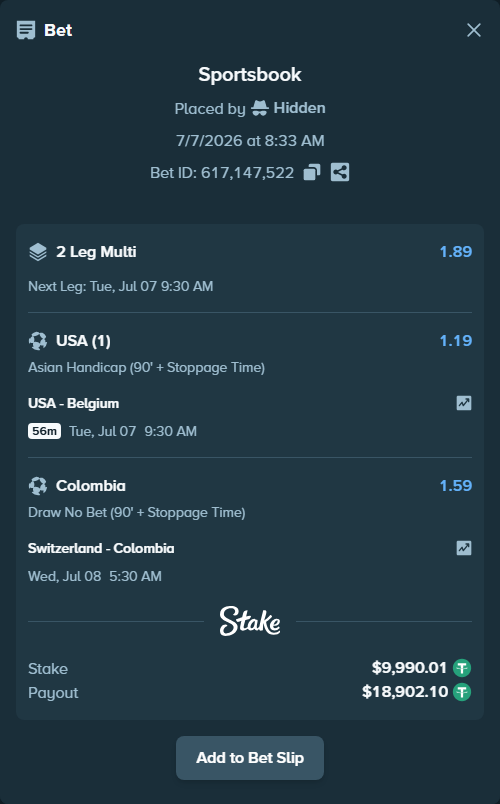 Bet slip: USA - Belgium, $10,000.00 stake at 1.19 odds, placed by Hidden