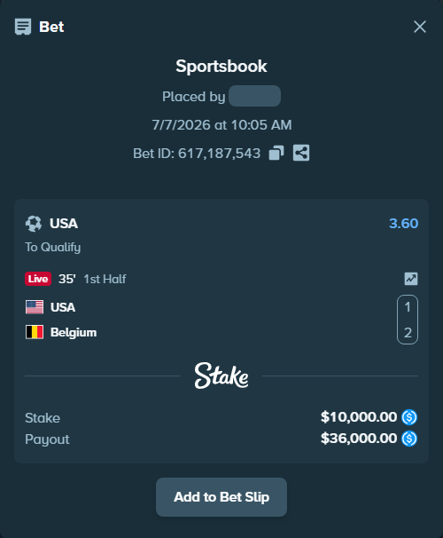 Bet slip: USA - Belgium, $10,000.00 stake at 3.60 odds, placed by pering3