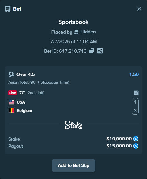 Bet slip: USA - Belgium, $10,000.00 stake at 1.50 odds, placed by Lybivsk25