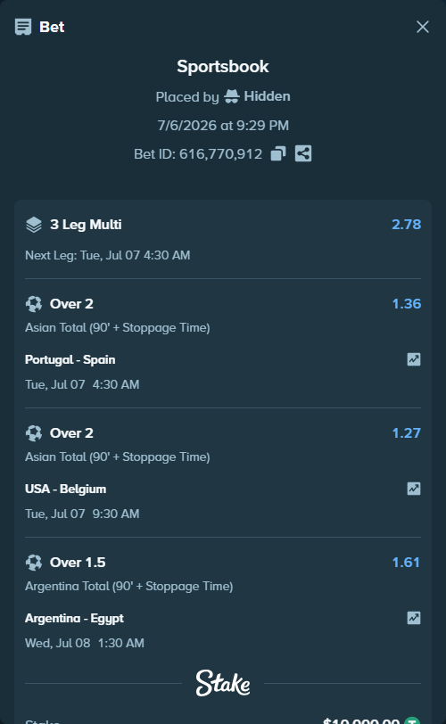 Bet slip: USA - Belgium, $10,010.00 stake at 1.27 odds, placed by Hidden