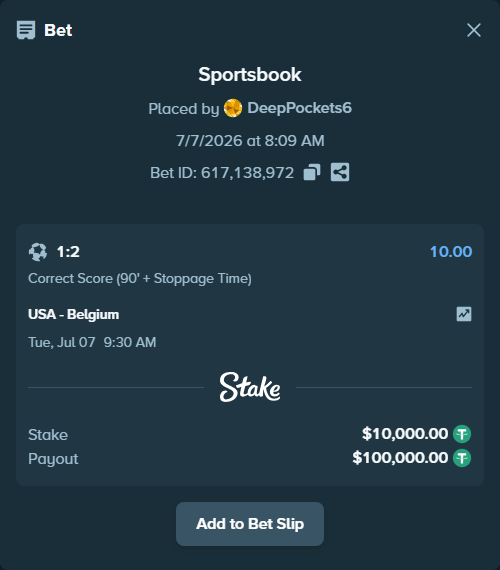 Bet slip: USA - Belgium, $10,010.00 stake at 10.00 odds, placed by DeepPockets6