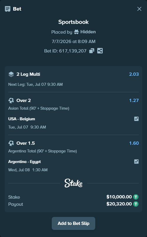 Bet slip: USA - Belgium, $10,010.00 stake at 1.27 odds, placed by Hidden