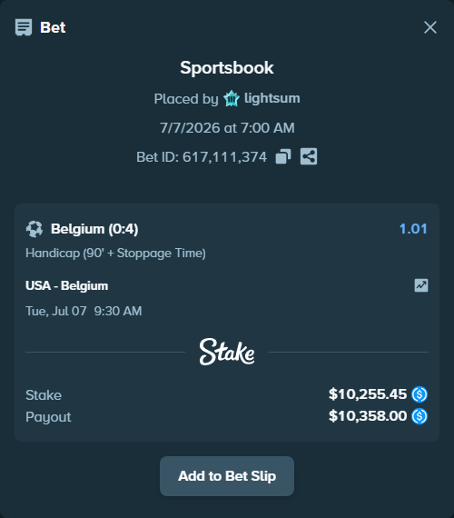 Bet slip: USA - Belgium, $10,255.45 stake at 1.01 odds, placed by lightsum