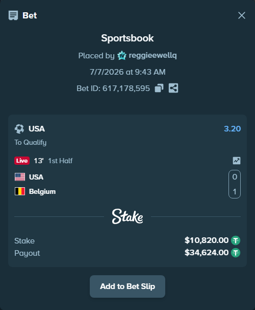 Bet slip: USA - Belgium, $10,830.82 stake at 3.20 odds, placed by reggieewellq