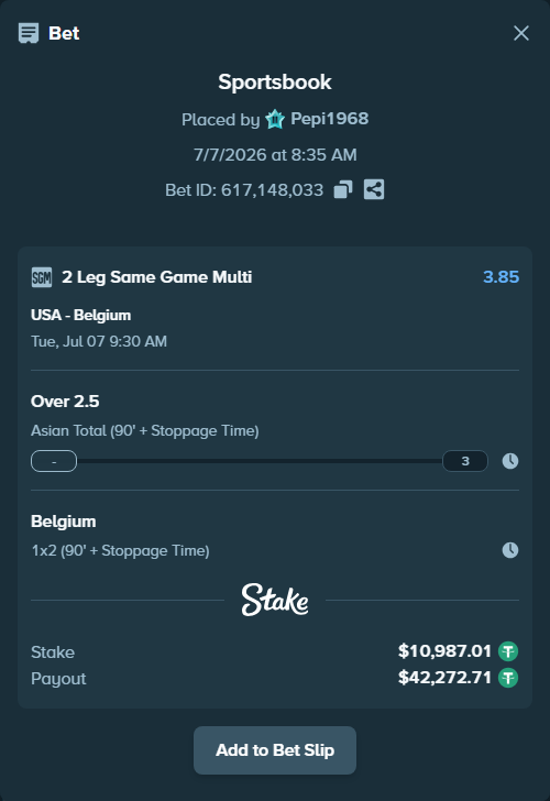 Bet slip: USA - Belgium, $10,998.00 stake at 1.76 odds, placed by Pepi1968