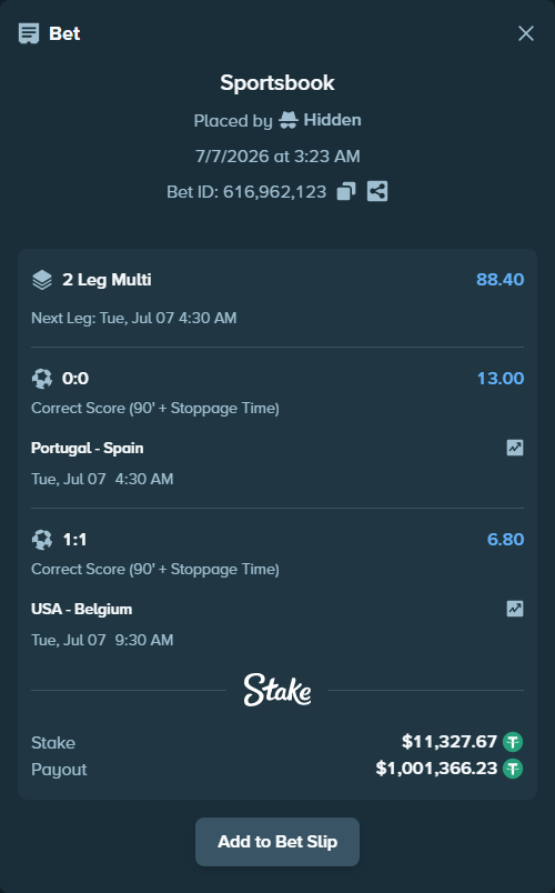 Bet slip: USA - Belgium, $11,339.00 stake at 6.80 odds, placed by Hidden
