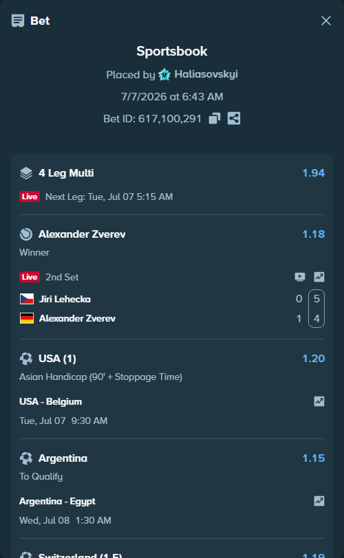 Bet slip: USA - Belgium, $11,472.00 stake at 1.20 odds, placed by Haliasovskyi