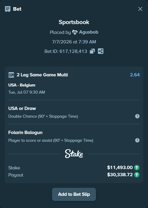 Bet slip: USA - Belgium, $11,504.49 stake at 1.45 odds, placed by Agusbob