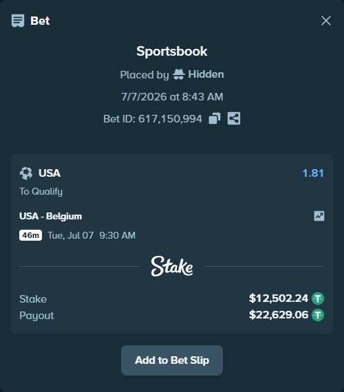 Bet slip: USA - Belgium, $12,514.74 stake at 1.81 odds, placed by Hidden