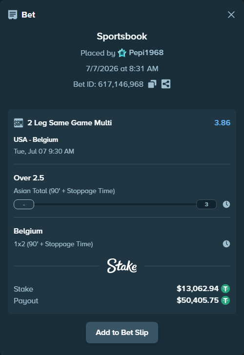 Bet slip: USA - Belgium, $13,076.00 stake at 1.76 odds, placed by Pepi1968
