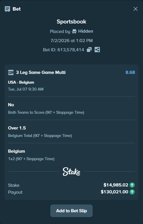 Bet slip: USA - Belgium, $15,000.00 stake at 2.20 odds, placed by Hidden