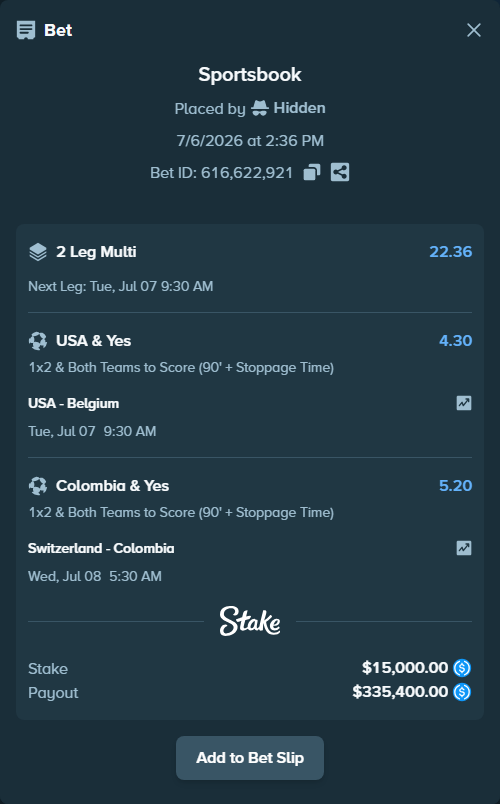 Bet slip: USA - Belgium, $15,000.00 stake at 4.30 odds, placed by Hidden