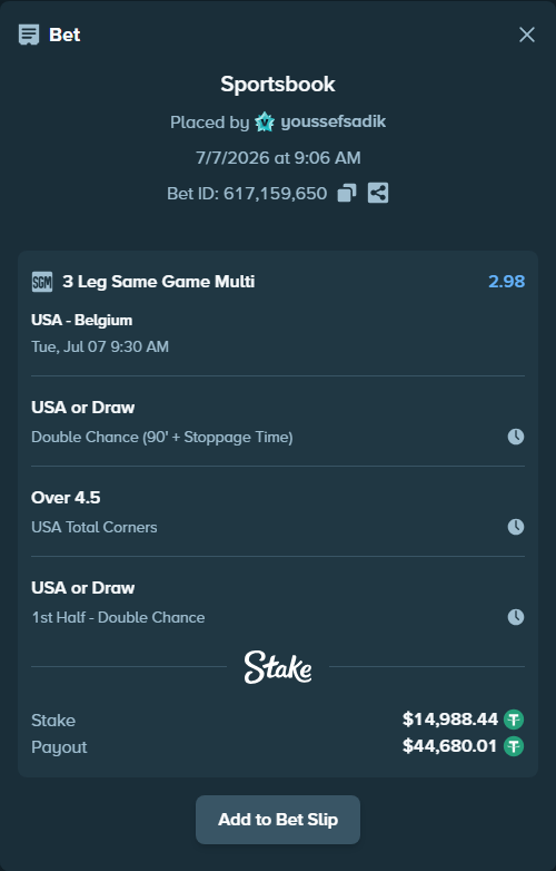 Bet slip: USA - Belgium, $15,003.43 stake at 1.44 odds, placed by youssefsadik