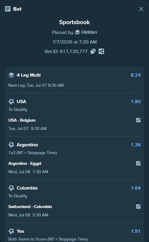 Bet slip: USA - Belgium, $15,015.00 stake at 1.80 odds, placed by Hidden
