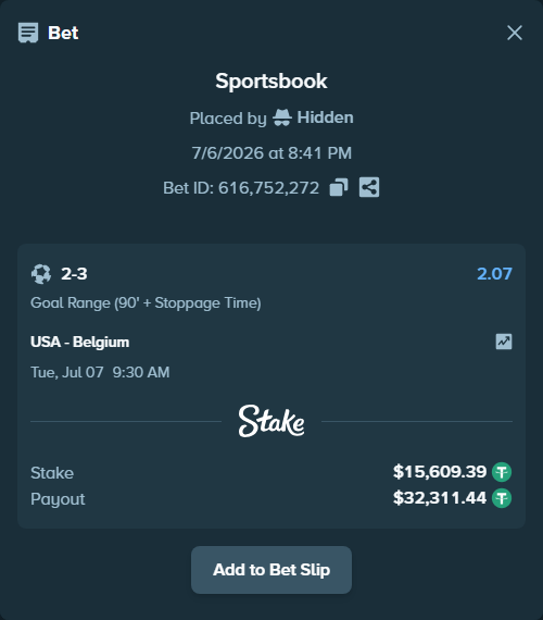 Bet slip: USA - Belgium, $15,625.00 stake at 2.07 odds, placed by Hidden
