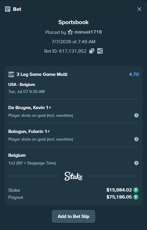 Bet slip: USA - Belgium, $16,000.00 stake at 1.50 odds, placed by manuel1718