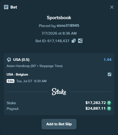 Bet slip: USA - Belgium, $17,300.00 stake at 1.44 odds, placed by sizna318945