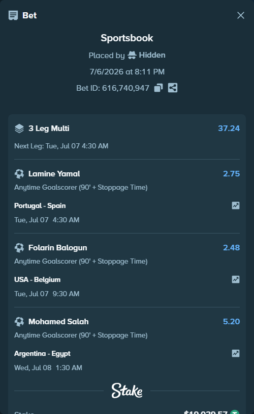 Bet slip: USA - Belgium, $19,058.61 stake at 2.48 odds, placed by Hidden