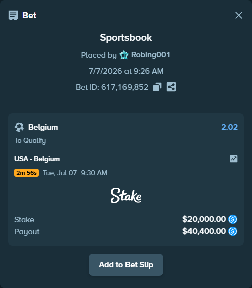 Bet slip: USA - Belgium, $20,000.00 stake at 2.02 odds, placed by Robing001