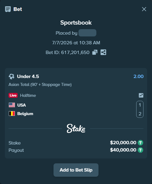 Bet slip: USA - Belgium, $20,020.00 stake at 2.00 odds, placed by AsTraL11