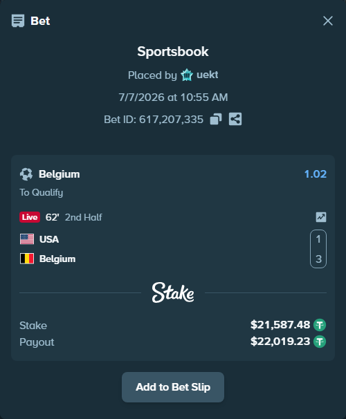 Bet slip: USA - Belgium, $21,609.07 stake at 1.02 odds, placed by uekt