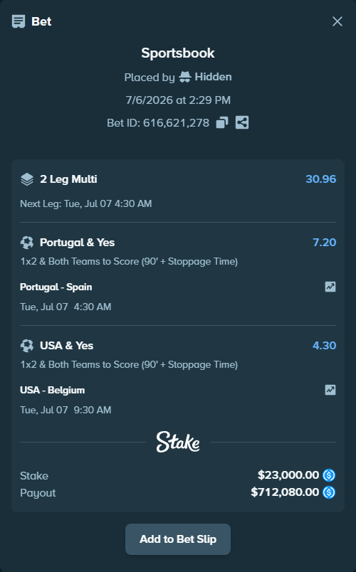 Bet slip: USA - Belgium, $23,000.00 stake at 4.30 odds, placed by Hidden