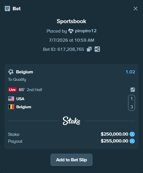 Bet slip: USA - Belgium, $250,000.00 stake at 1.02 odds, placed by piropiro12