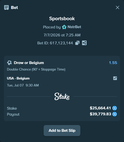 Bet slip: USA - Belgium, $25,664.41 stake at 1.55 odds, placed by NstrBet