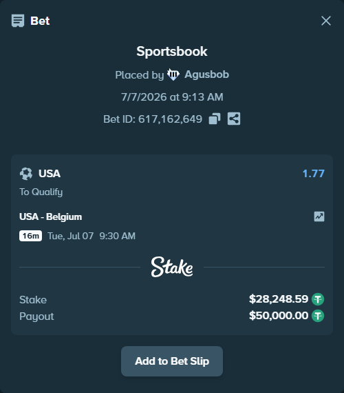 Bet slip: USA - Belgium, $28,276.84 stake at 1.77 odds, placed by Agusbob